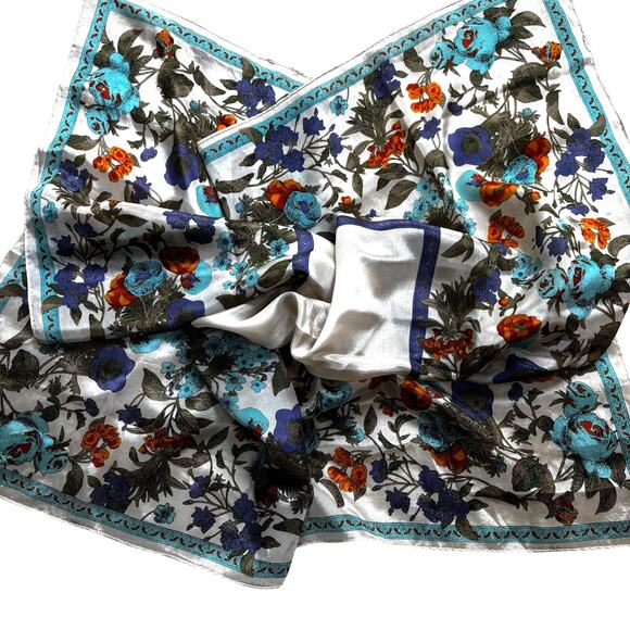 Vera silk scarf multicolor square retro cream & floral border blue green & gold - Picture 6 of 7